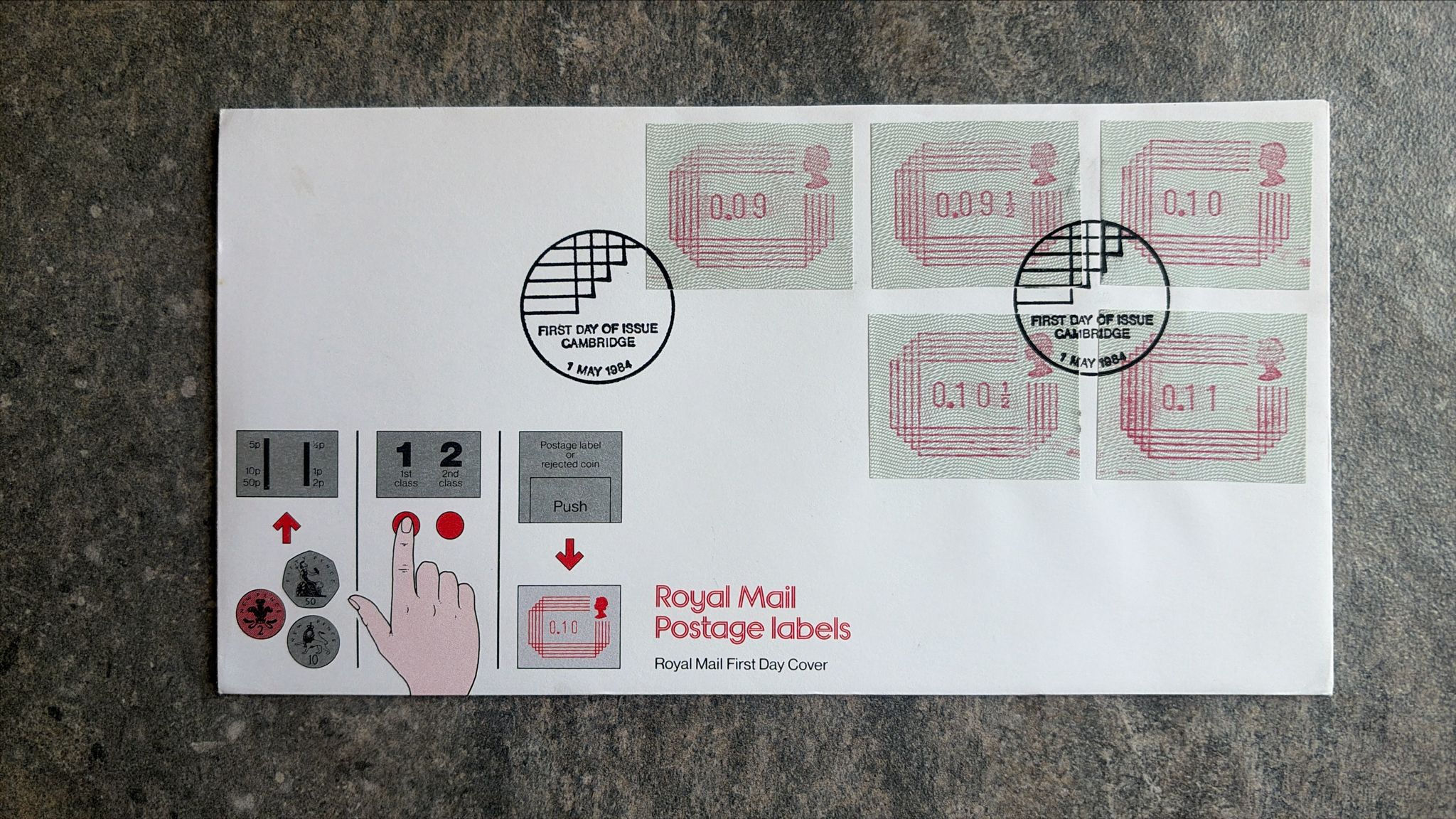 F881-1984 Royal Mail Postage Labels First Day Cover – Cambridge 7 May 1984 – Fra