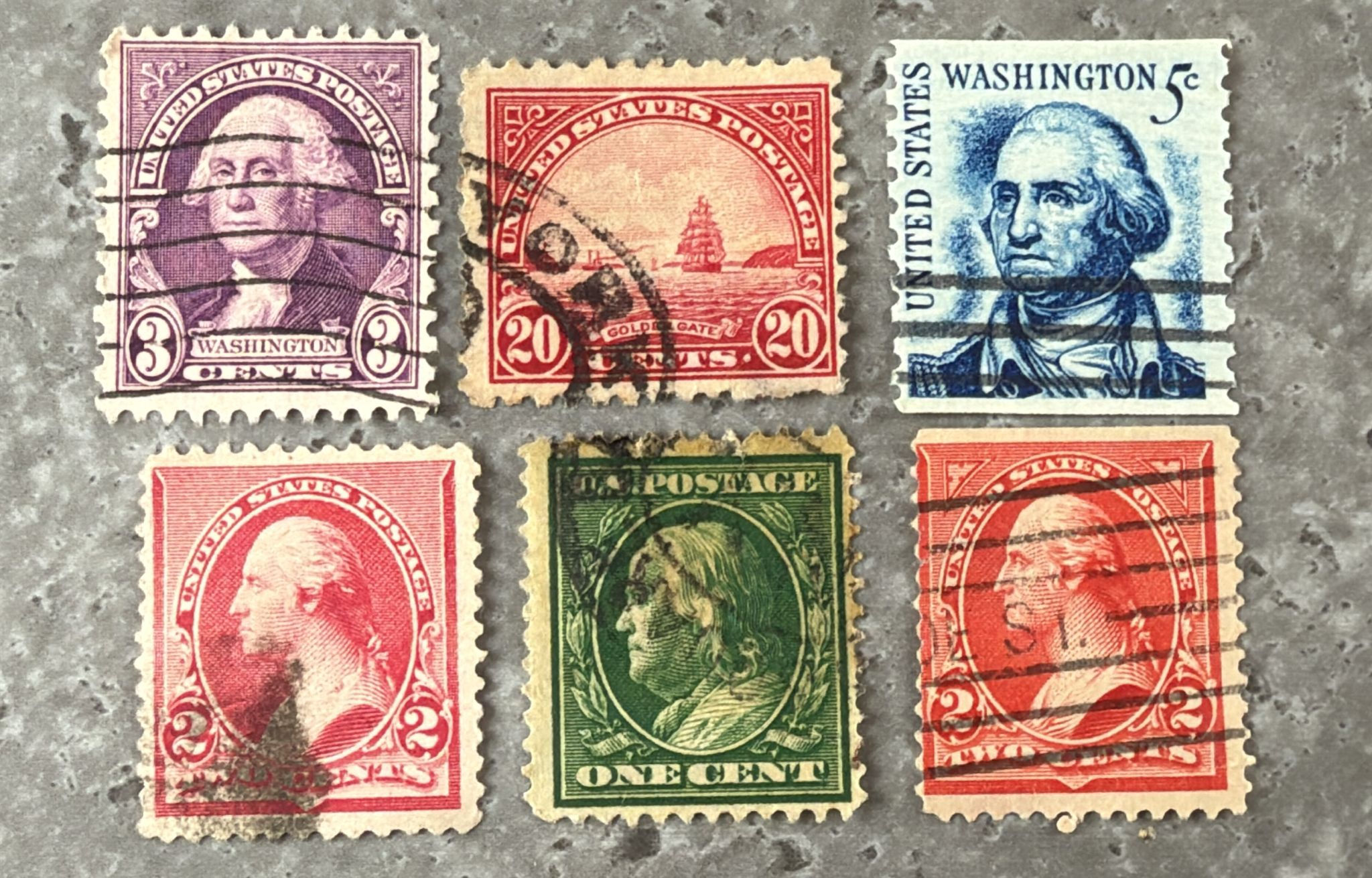 F346-Vintage USA Postage Stamps Lot (6) – George Washington Issues 1c–20c Used 