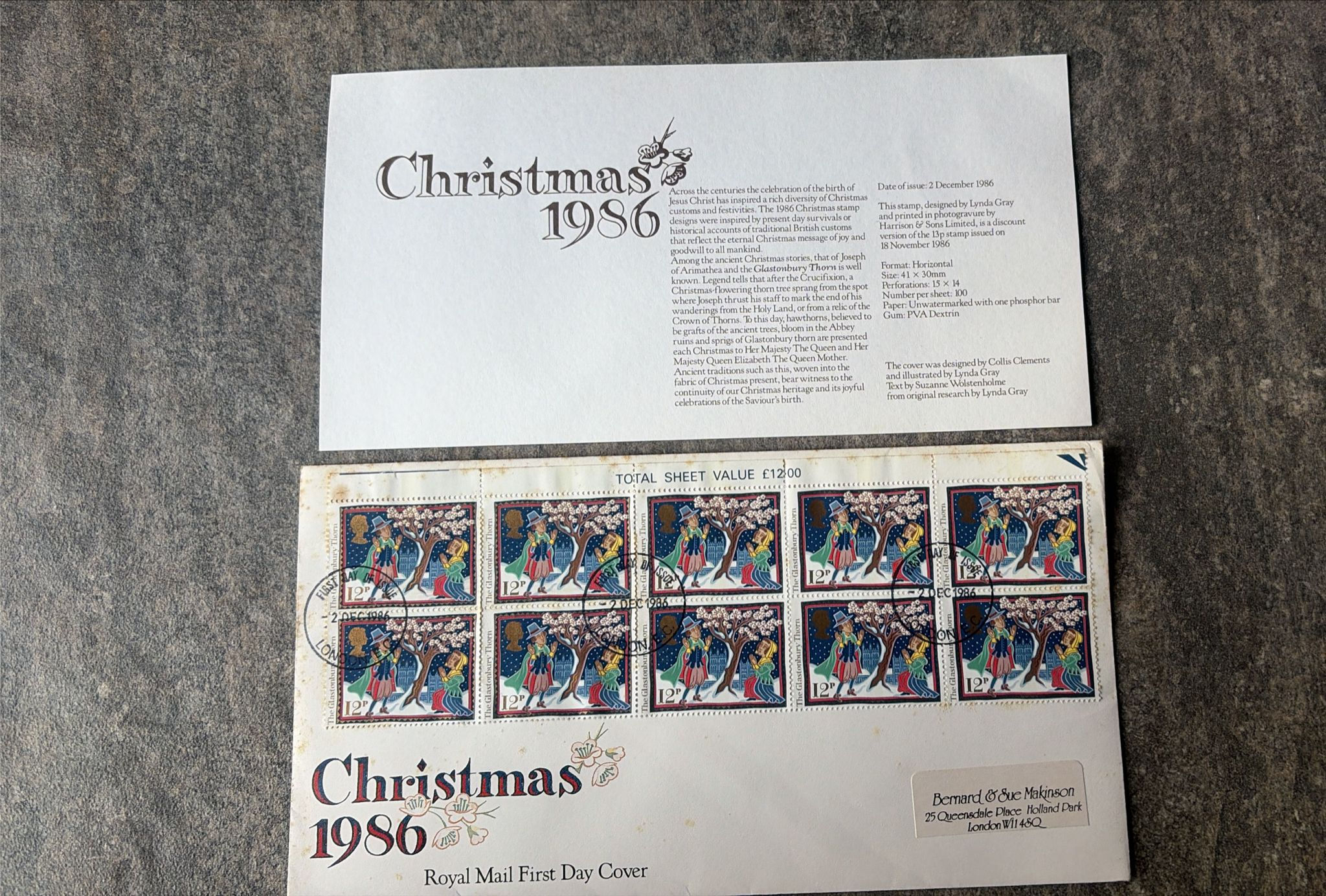 F620-Royal Mail Christmas 1986 FDC Sheet 12p Stamps First Day Cover London