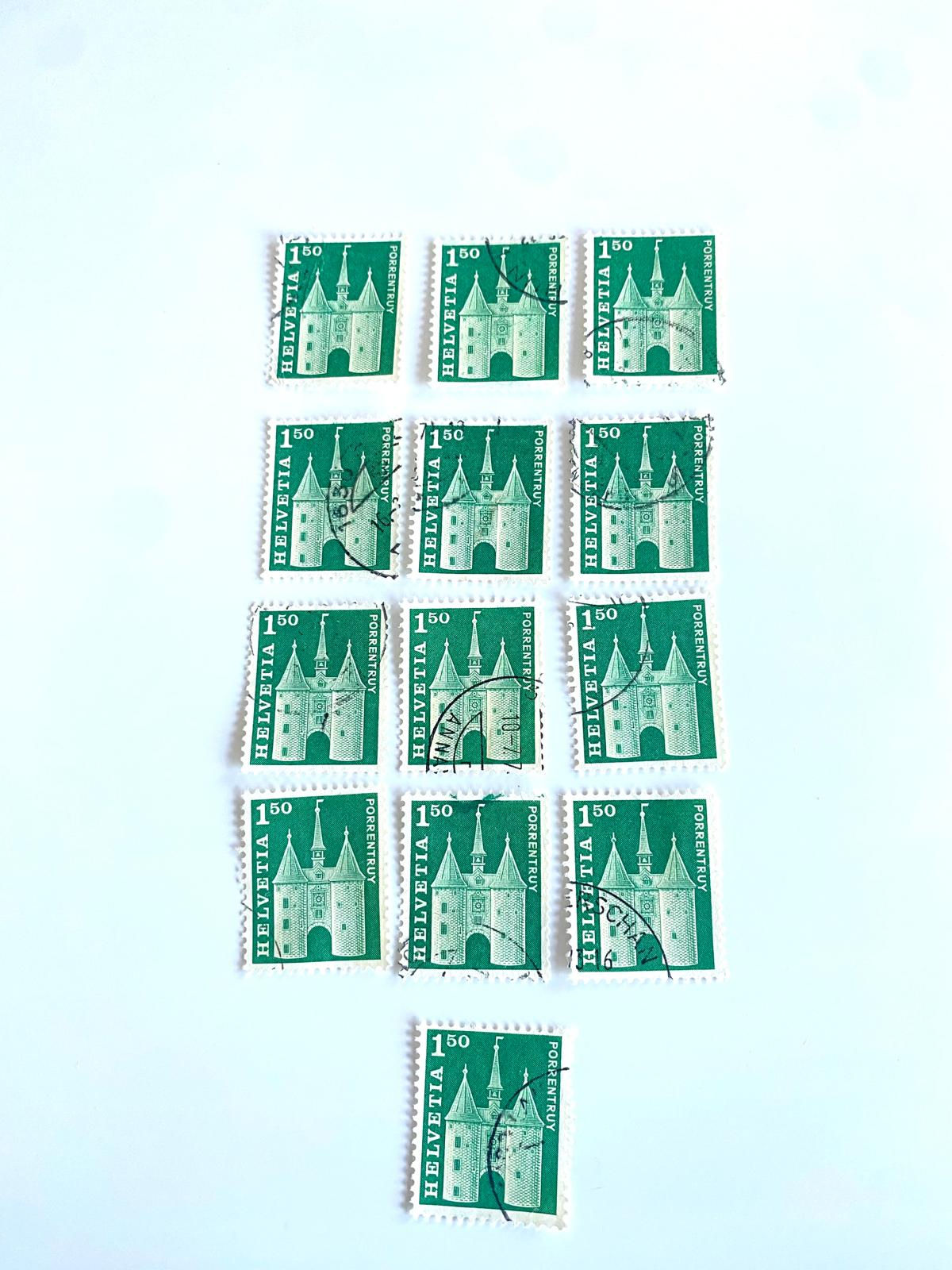 A141-Lot of 14 Switzerland Helvetia 1.50 Green "Porrentruy Gate" Stamps – Mixe