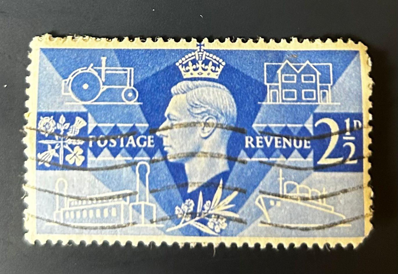 P197-UK King George VI 2½d Blue Stamp – Postage Revenue – Used – Industrial Desi