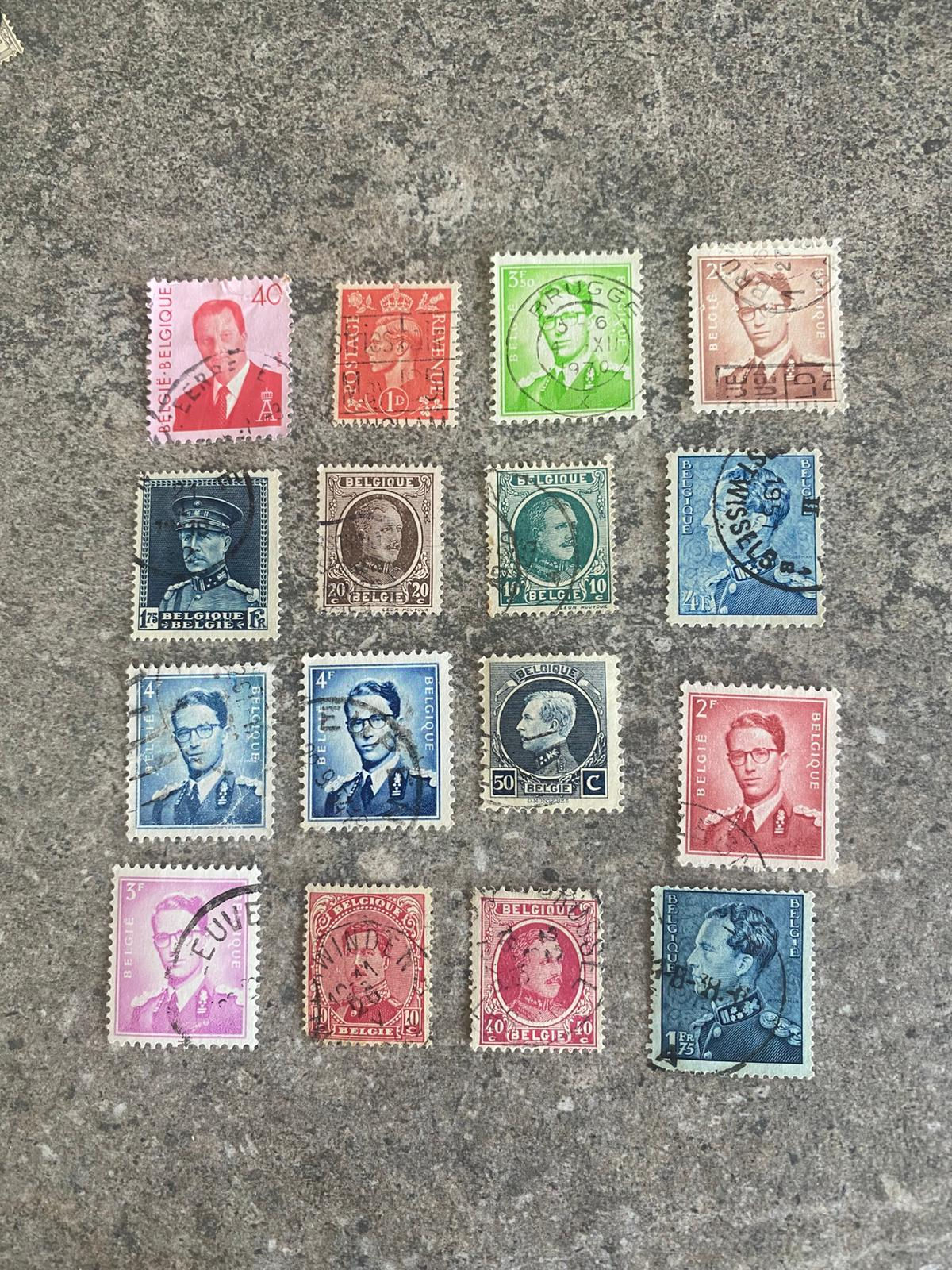 A155-
Lot of 16 Vintage Belgian & British Postage Stamps – Mixed Monarchs, Used