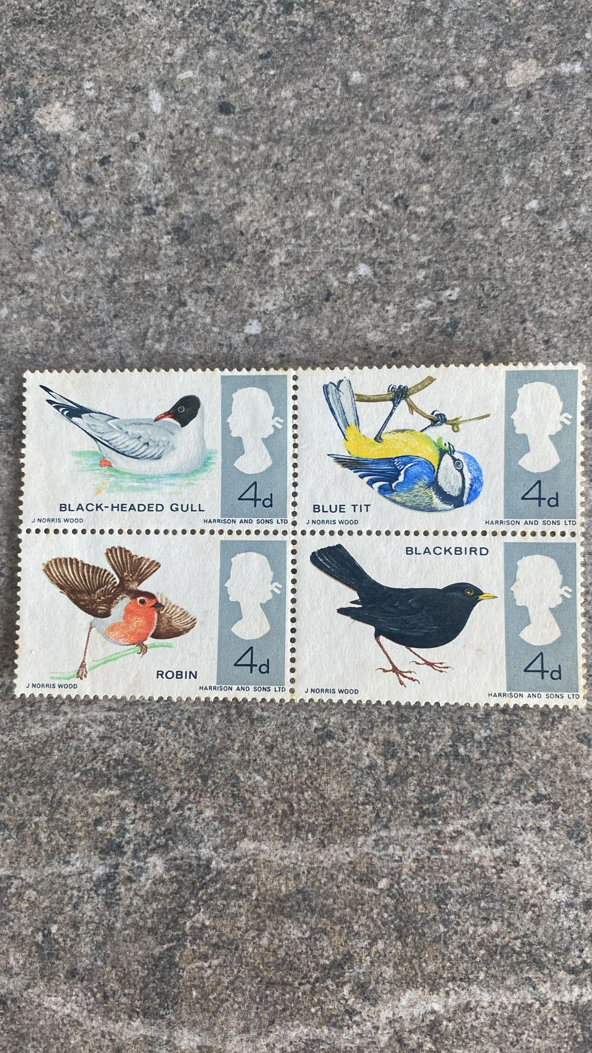A418-1966 GB 4d British Birds Stamp Block (4) Black-Headed Gull, Blue Tit, Rob