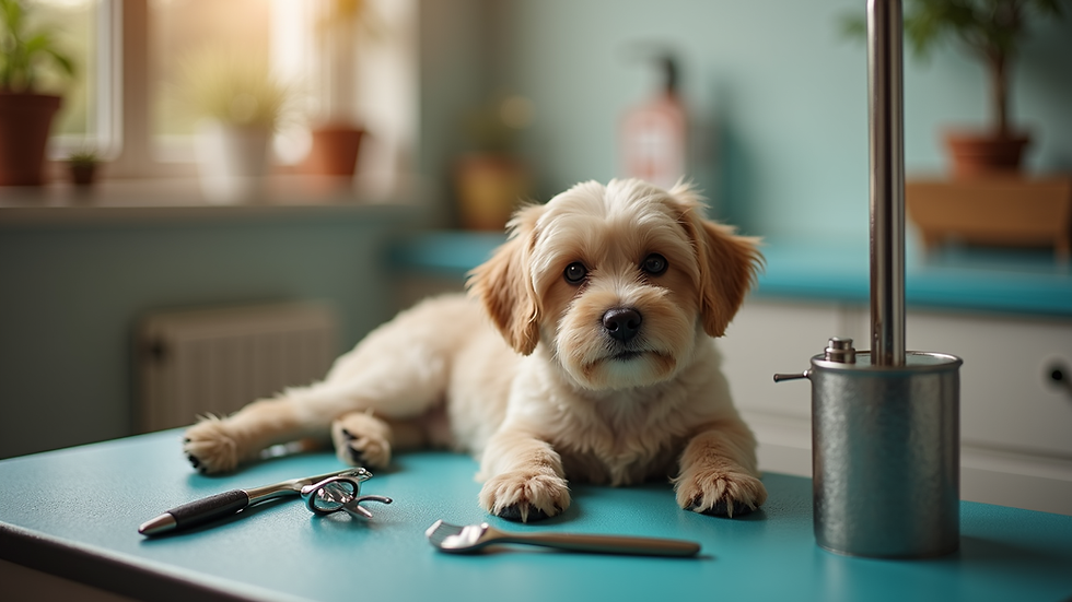 Eye-level view of a cozy pet grooming station with grooming tools