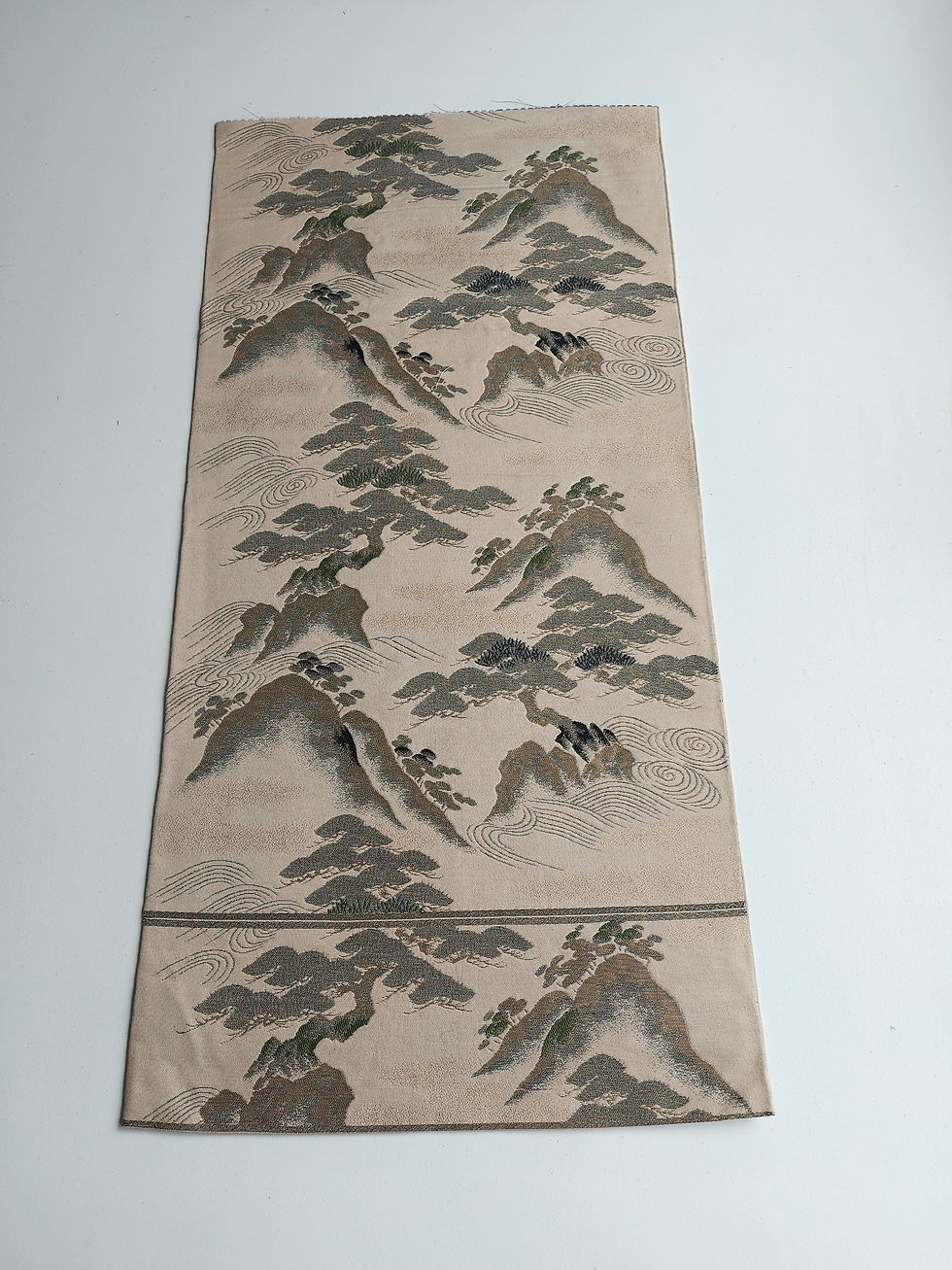 Thumbnail: Japanese - Obi fabric - Mountains - Trees - Black beige gold green - www.jasuin.co.uk