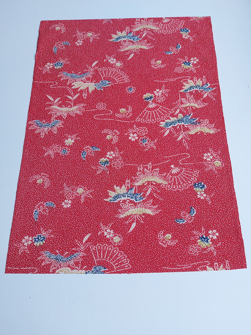 Thumbnail: Kimono fabric - off the roll - wool - Red blue white - Floral - Fans - Birds - www.jasuin.co.uk