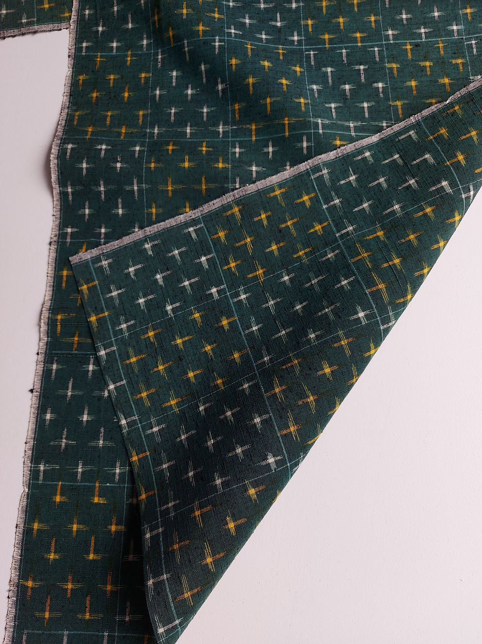 Thumbnail: Tsumugi - woven cross - kasuri - Upcycle fabric - Kimono fabric - Green yellow white - www.jasuin.co.uk