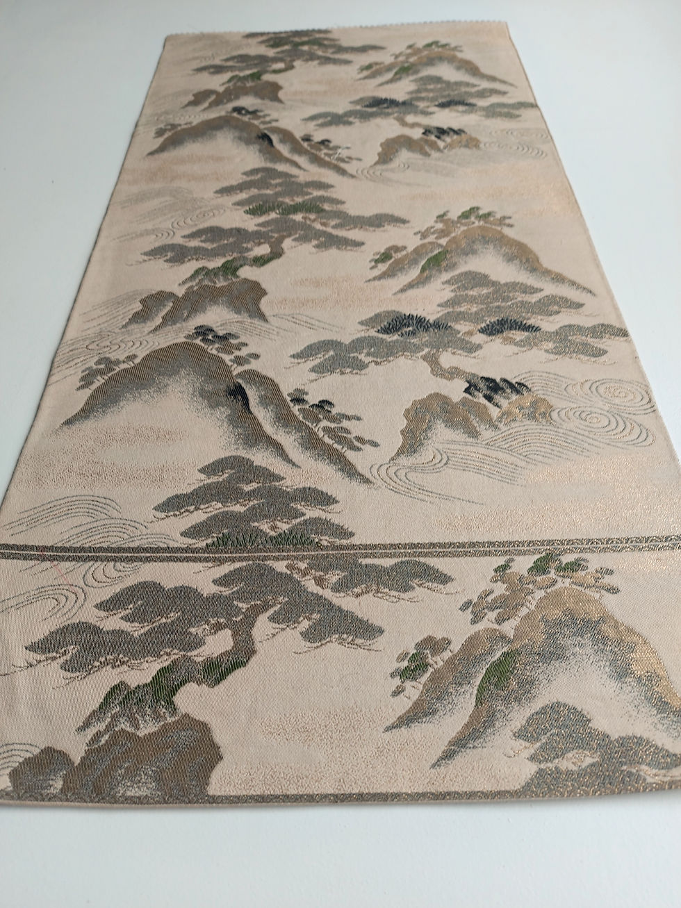 Thumbnail: Japanese - Obi fabric - Mountains - Trees - Black beige gold green - www.jasuin.co.uk