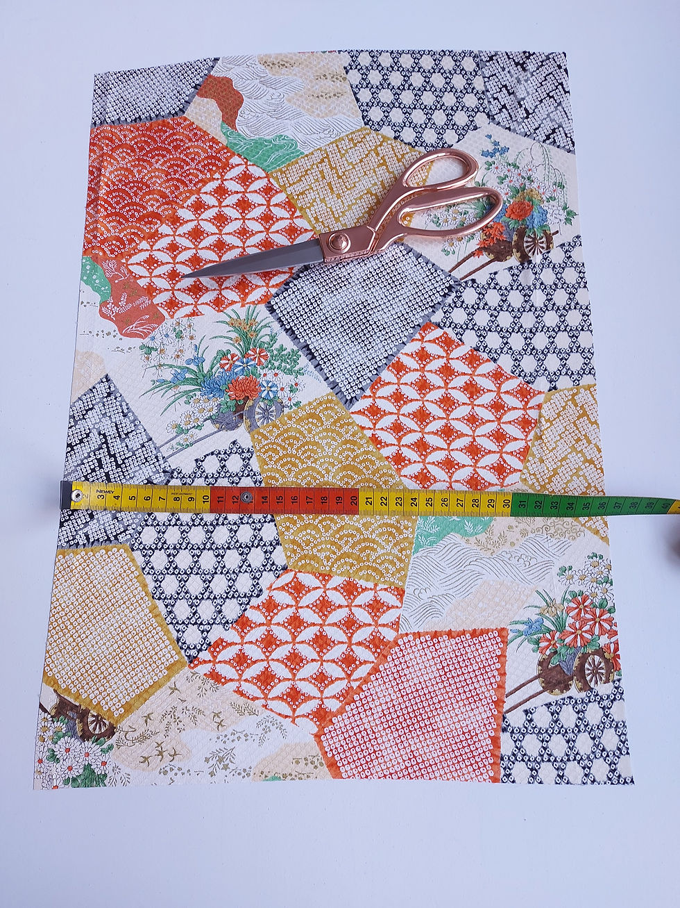 Thumbnail: Japanese kimono fabric- upcycle- Traditional Patterns - Orange, black, white - www. jasuin.co.uk