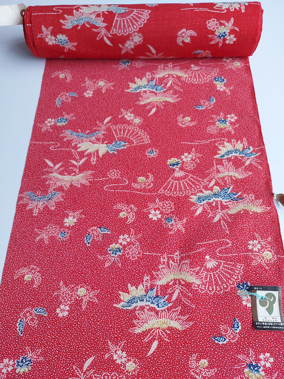 Thumbnail: Kimono fabric - off the roll - wool - Red blue white - Floral - Fans - Birds - www.jasuin.co.uk