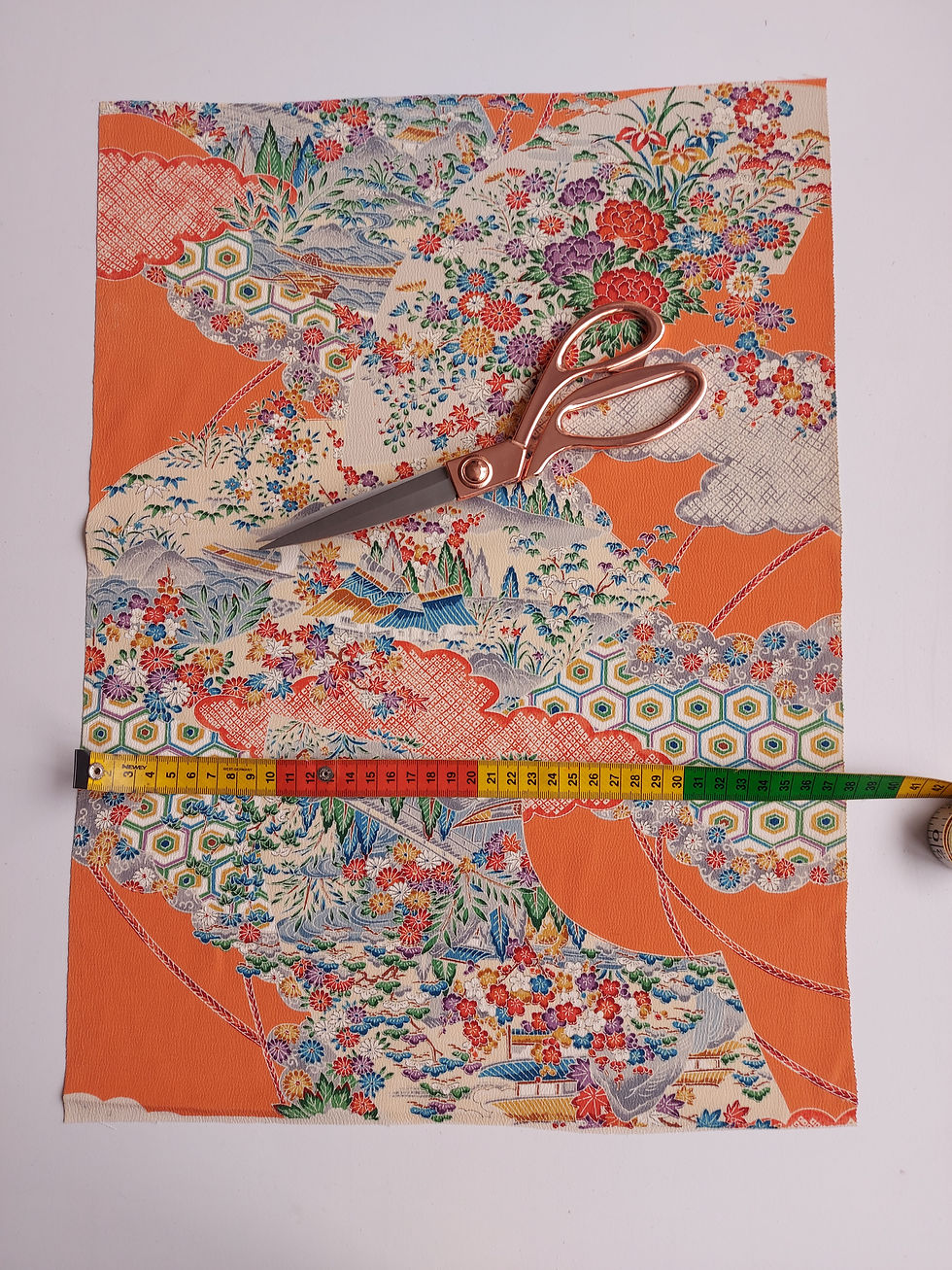 Thumbnail: Kimono fabric - off the roll - Floral fans and clouds - Colour Orange multi -  www.jasuin.co.uk