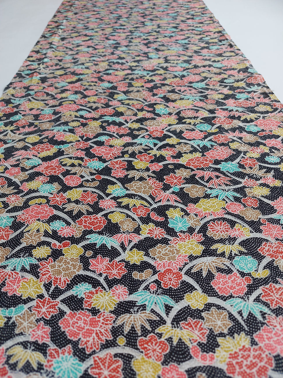 Thumbnail: Kimono fabric - Upcycle fabric - Silk - Peony - Grassess -Black pink, yellow blue white - www.jasuin.co.uk