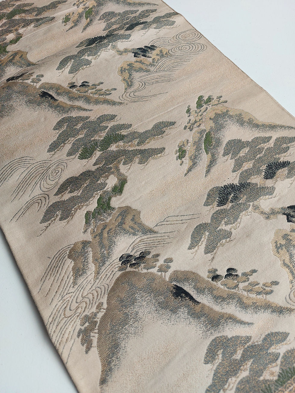 Thumbnail: Japanese - Obi fabric - Mountains - Trees - Black beige gold green - www.jasuin.co.uk