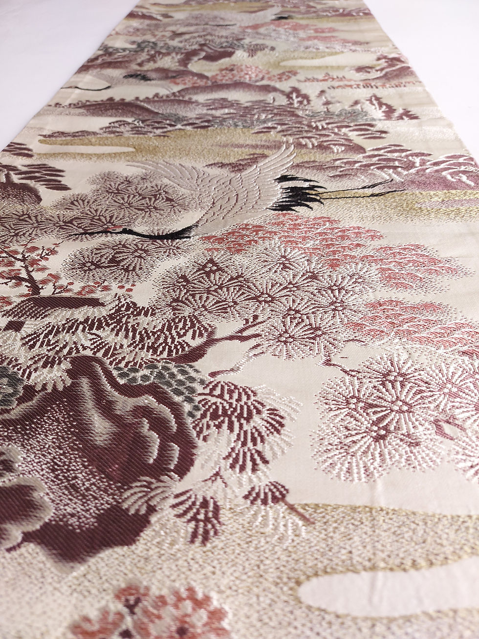 Thumbnail: Japanese - Obi fabric - Woven - Crane and temple - Pink, green, black, cream - Upcycle fabric - www.jasuin.co.uk