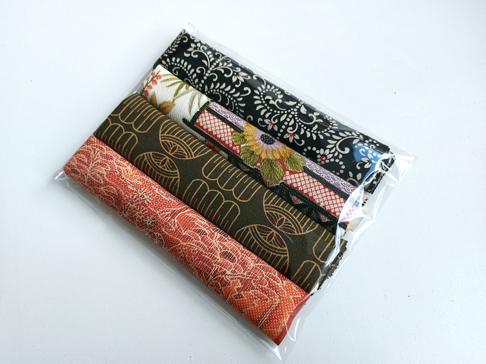 Thumbnail: Kimono fabric - Sample pack - 4 designs - Orange, green, sand, black, red,  - Used fabric - upcycle fabric - www.jasuin.co.uk