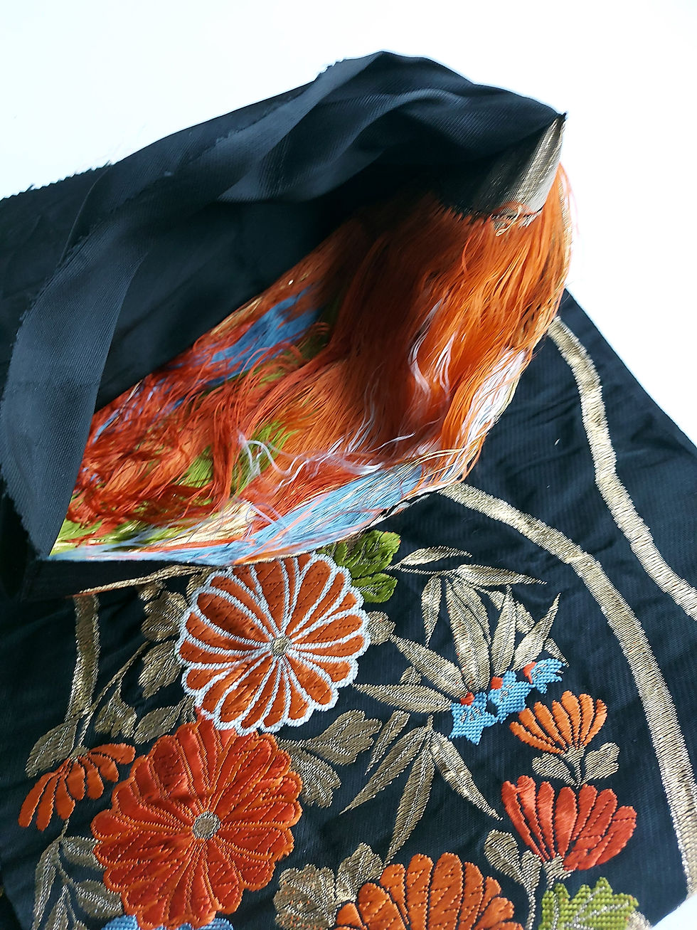 Thumbnail: Japanese - Obi fabric - Woven - Floral Circles - Black, orange, blue grey, gold - Upcycle fabric - www.jasuin.co.uk