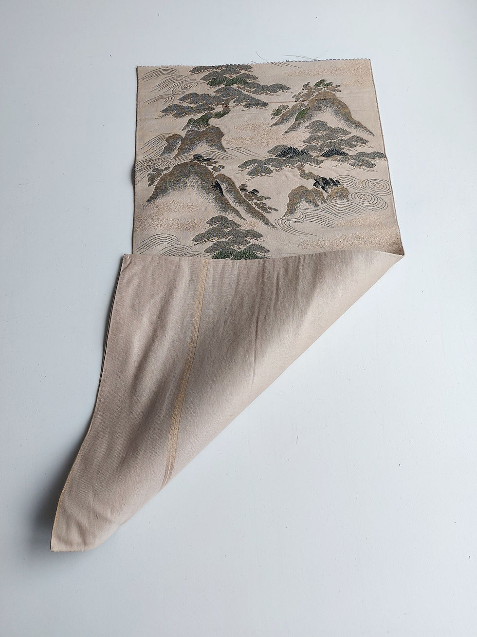 Thumbnail: Japanese - Obi fabric - Mountains - Trees - Black beige gold green - www.jasuin.co.uk