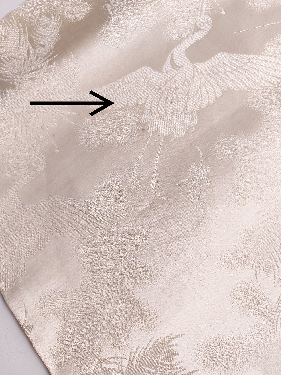 Thumbnail: Obi fabric - Upcycle - Used - Cranes Peacock feathers - Creamy white
