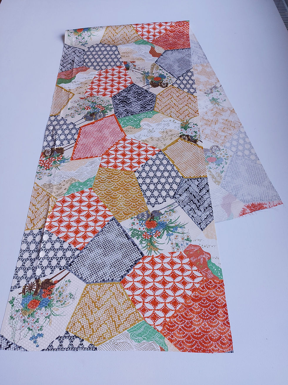 Thumbnail: Japanese kimono fabric- upcycle- Traditional Patterns - Orange, black, white - www. jasuin.co.uk