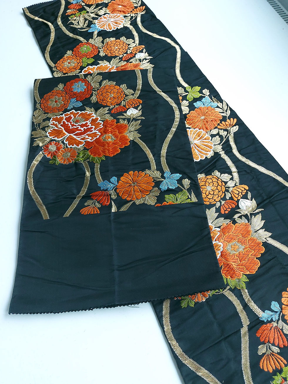 Japanese - Obi fabric - Woven - Floral Circles - Black, orange, blue grey, gold - Upcycle fabric - www.jasuin.co.uk