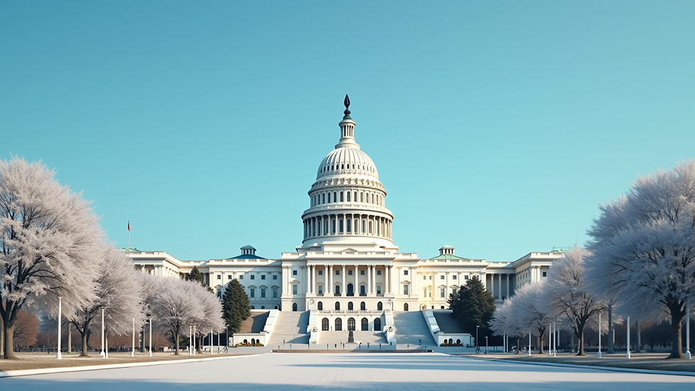 Eye-level view of a government building with a clear blue sky