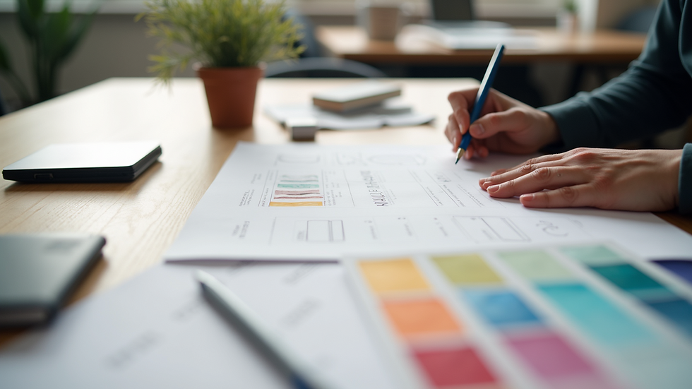Close-up view of a designer’s desk with branding sketches and color swatches