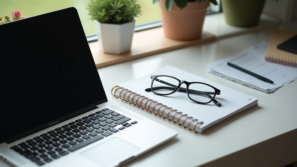 High angle view of office workspace with a laptop and stationery