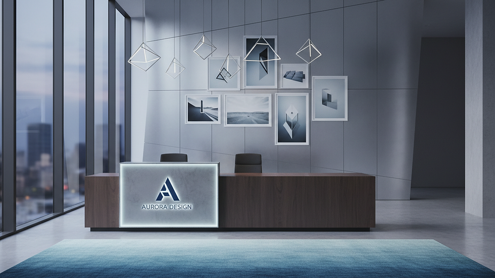 Eye-level view of a modern office space with elegant branding materials on display