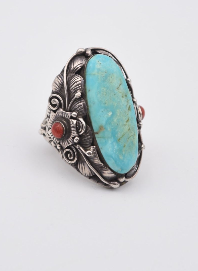 Miniature : bague argent corail turquoise Navajo amérindien