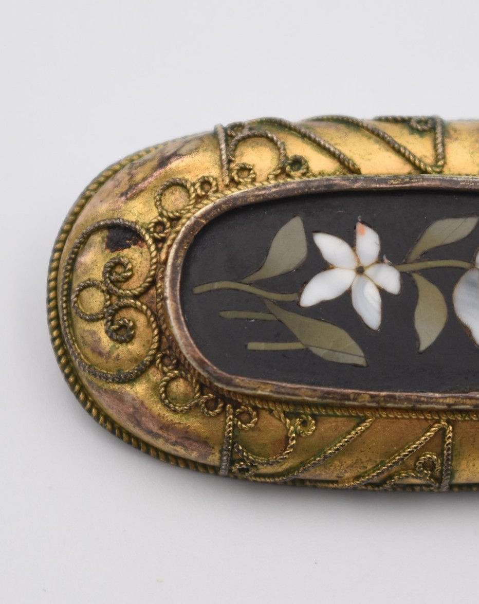 Miniature : Ancienne broche pietra dura mosaïque de pierre dure micromosaïque Cocagne de sort