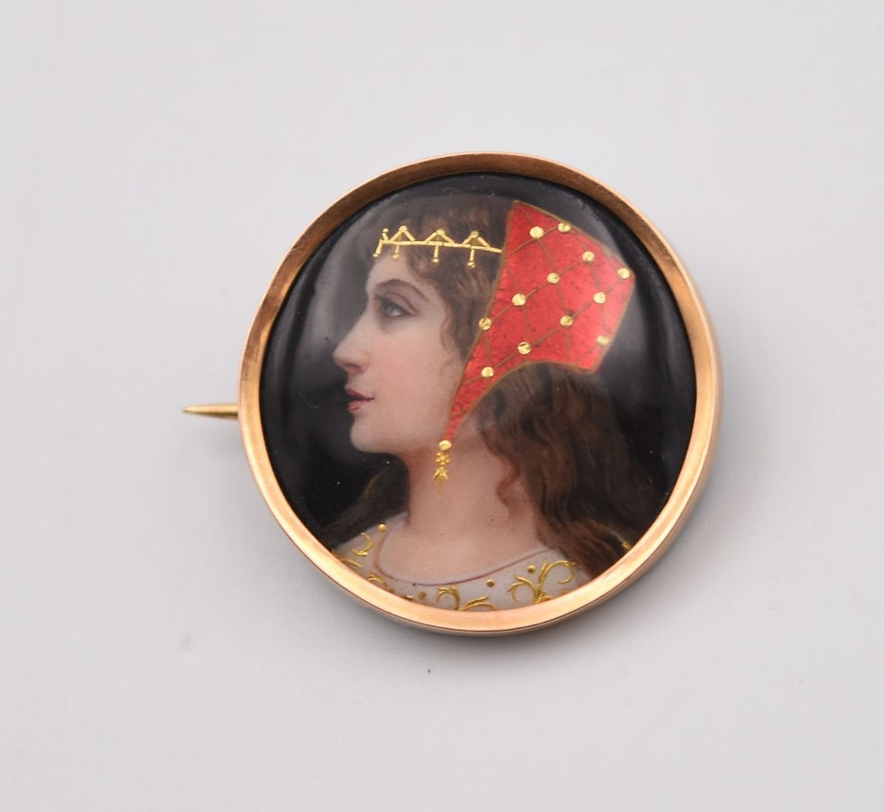 Miniature : Broche vintage or émaux de Limoges portrait de style médiéval néogothique Cocagne de sort