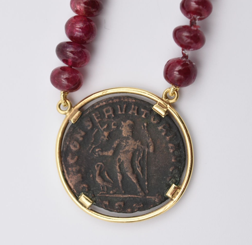 Miniature : Collier or 18 carats Follis de Licinius romain rubis diamant