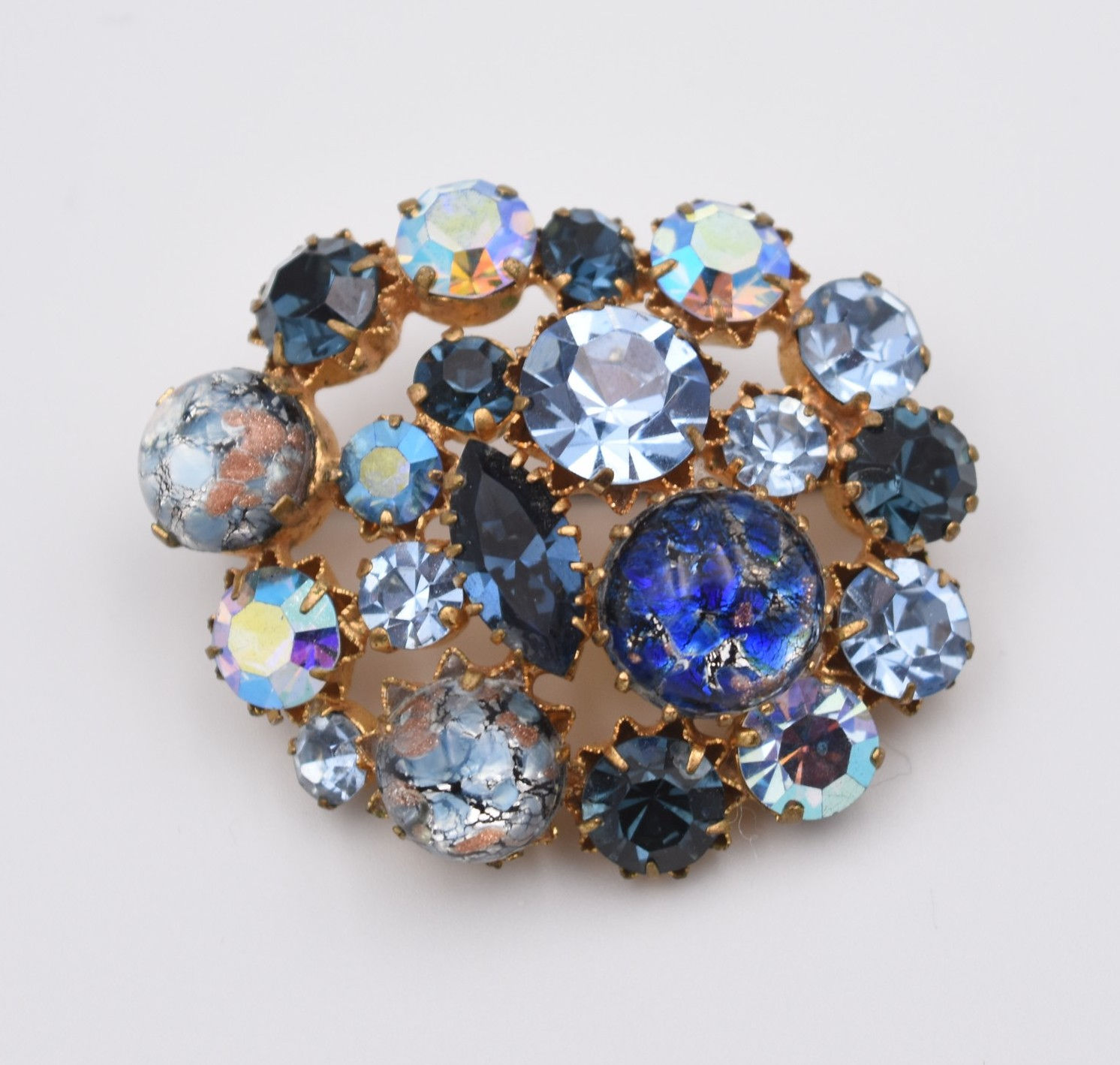 Broche vintage strass bleu Schreiner rhinestone brooch unsigned
