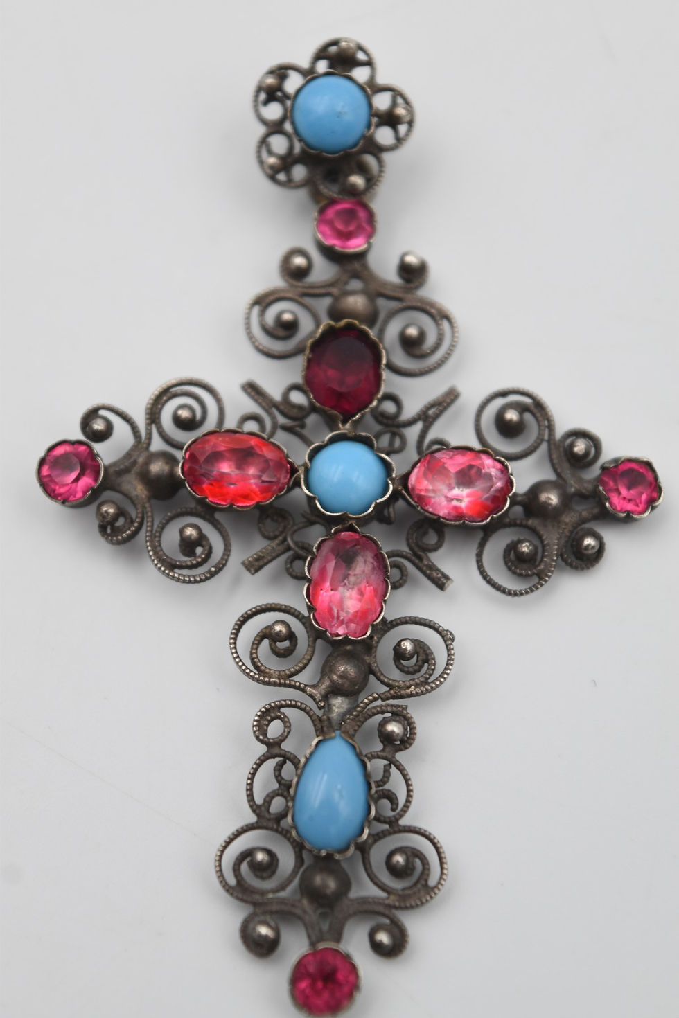 Miniature : Ancienne croix en argent filigrane strass rose et opaline bleu