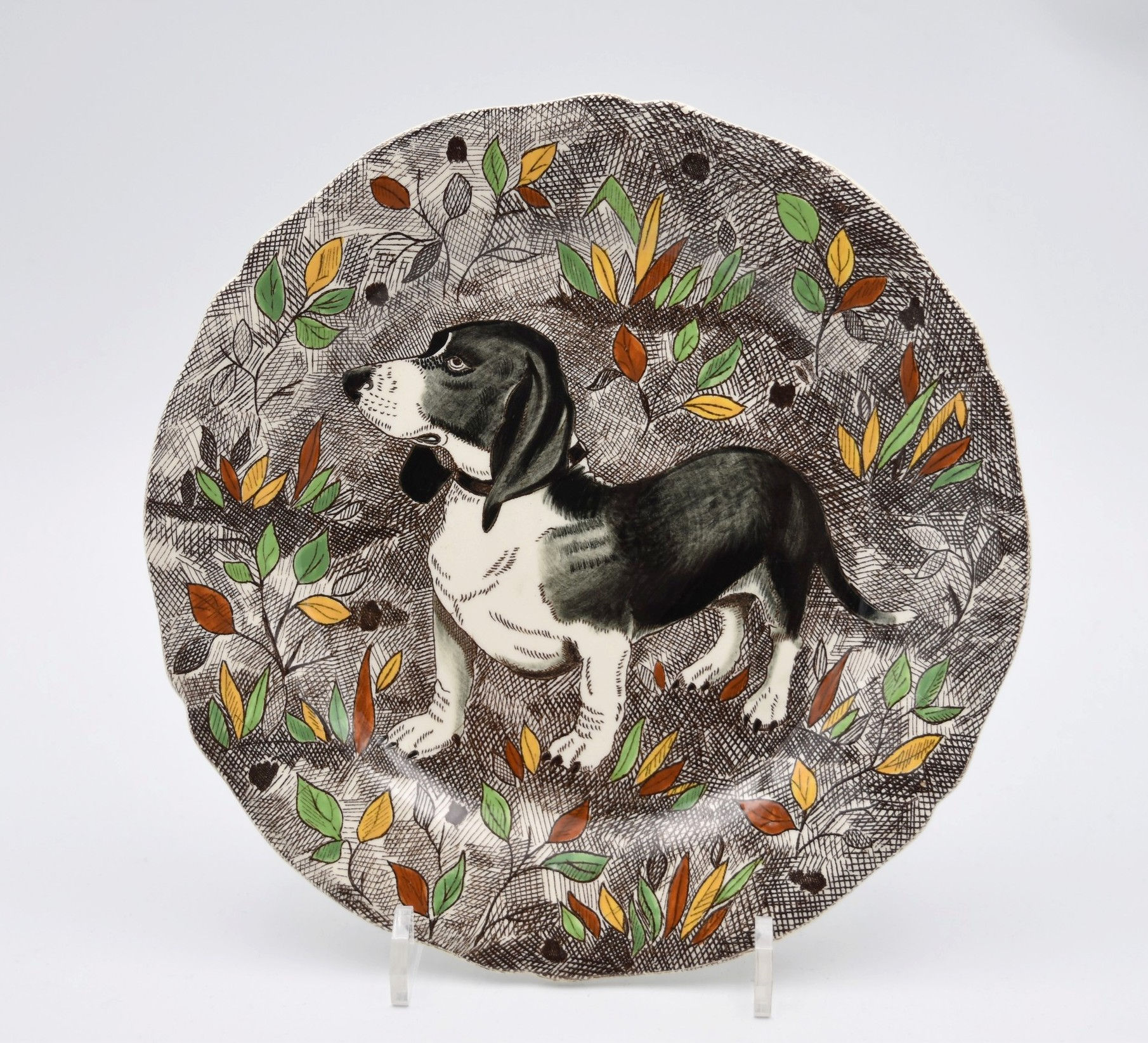 Assiette à dessert faïence de Gien modèle Rambouillet décor de chasse basset