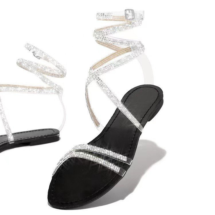 Thumbnail: New Flat With Large Size Winding Belt Rhinestones Womens Sandals
