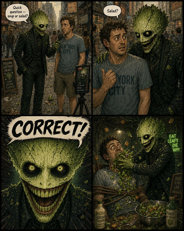 Single-panel horror comedy comic featuring Lettucehead, the mascot of Salad Bites by Scary Salad.