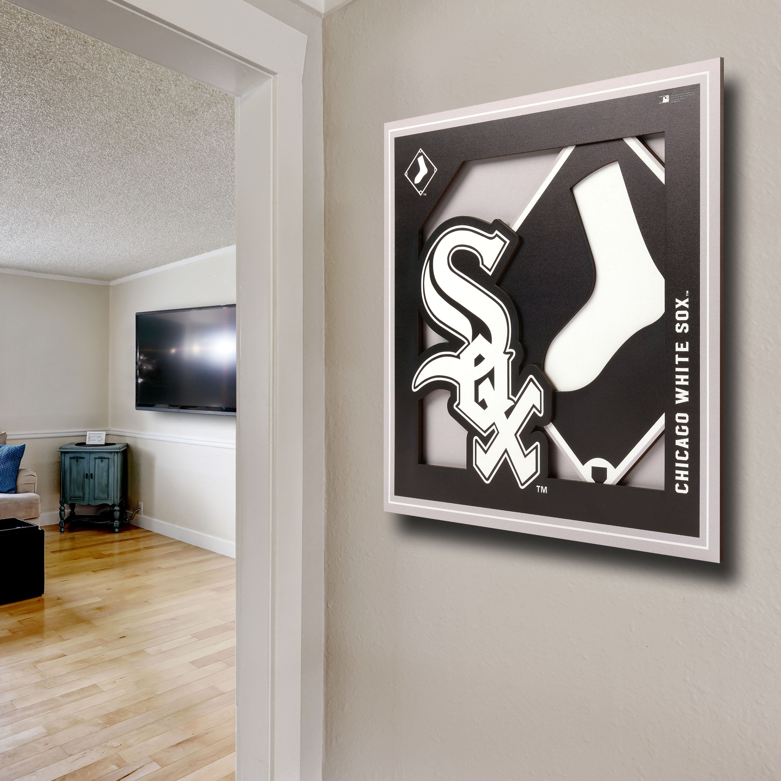 Chicago White Sox 12 X 12 3D wall art hanging on a house wall.
