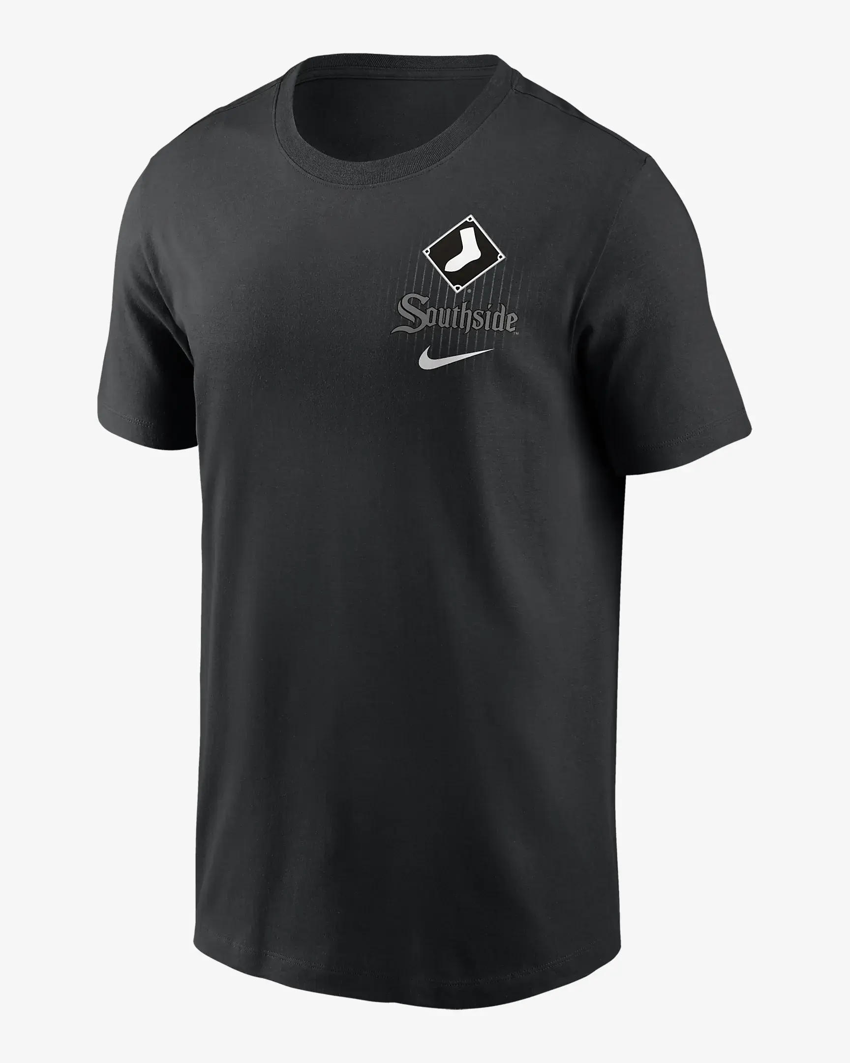 Chicago White Sox City Connect inspired t-shirt feature left chest official team logos on a black t-shirt.