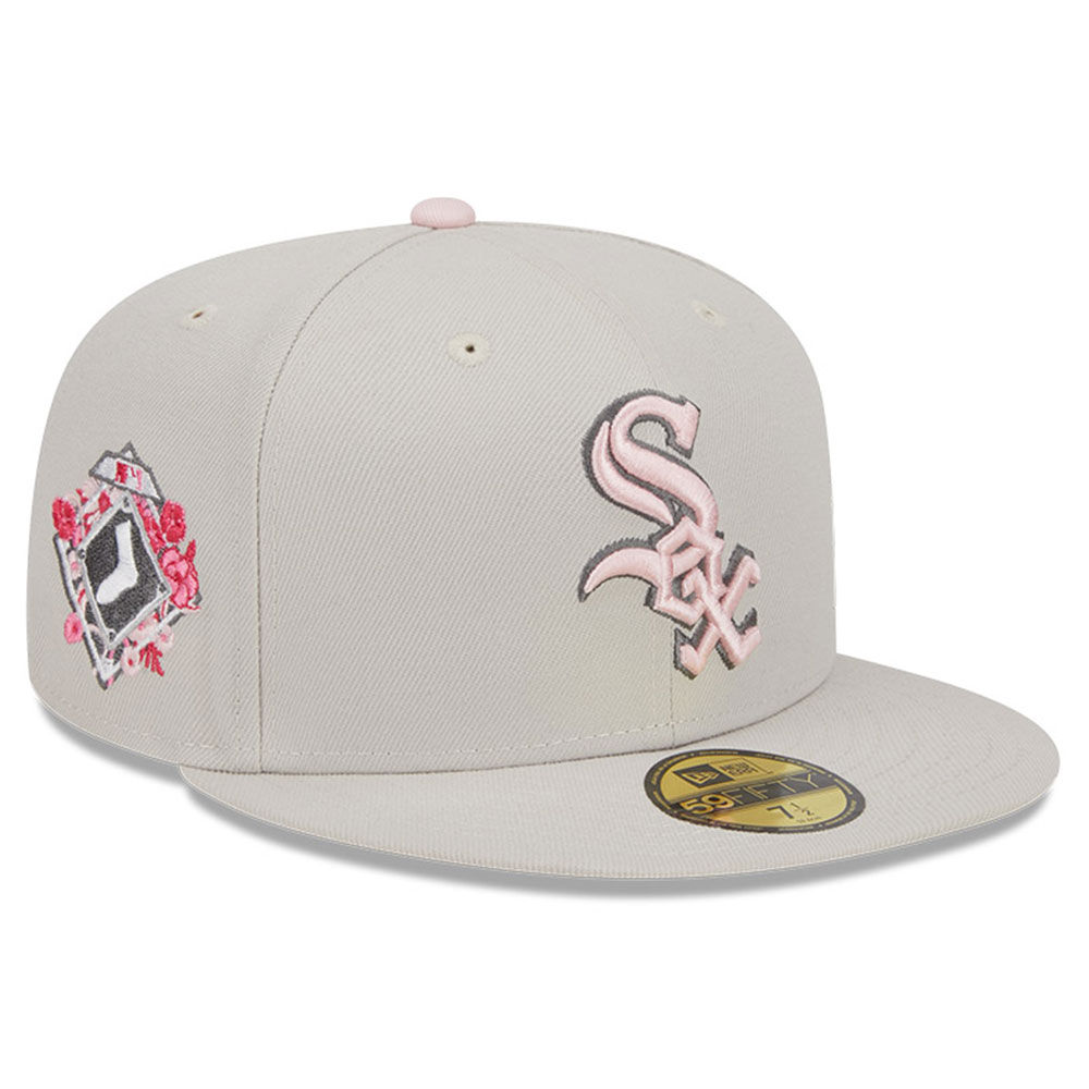Chicago WHite Sox 2023 Mother's Day fitted 59fifty cap. All stone color cap with primary team logo in pink with gray outline. Secondary team logo on right side with pink accent flowers.