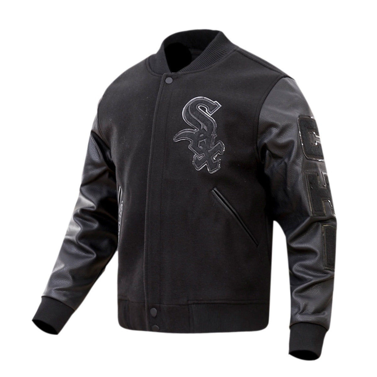 Black Wool & Leather Varsity White Sox Jacket