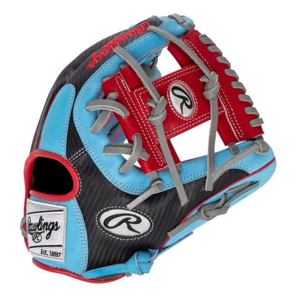A 11.5" Baseball Mitt that has fluorescent blues and reds and Rawlings insignias all throughout.