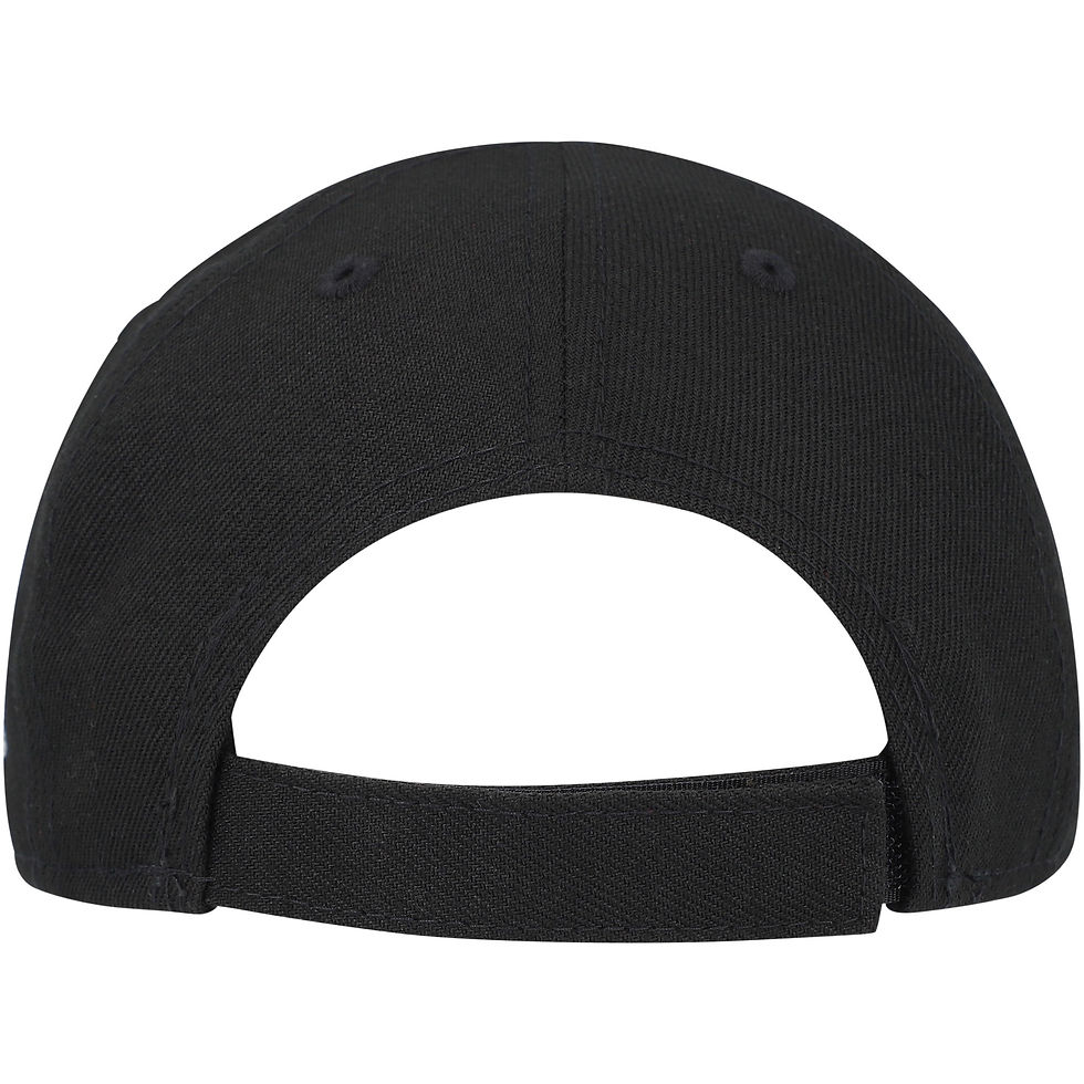 Black infant cap with adjustable enclosure.