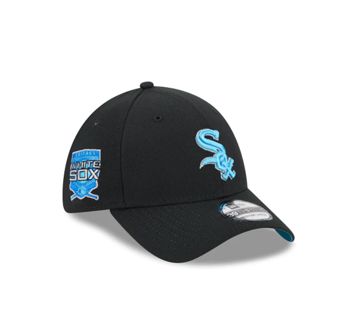 Chicago White Sox 2023 Fathers Day 39thirty. Black cap with blue front primary logo and side patch.
