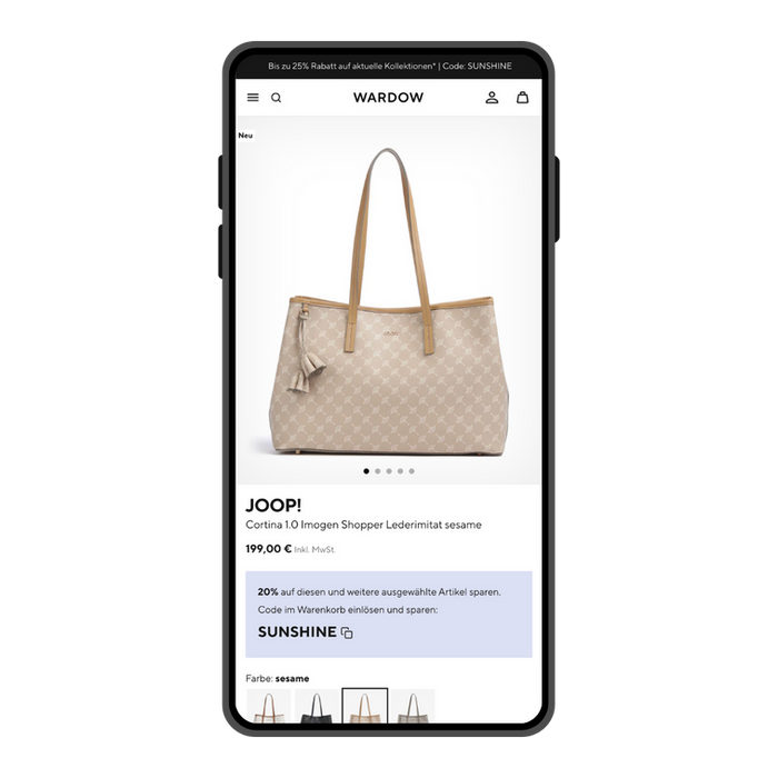 Produktdetailseite im Wardow Online-Shops auf einem Smartphonebildschirm.