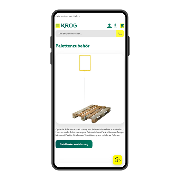 Übersichtsseite auf der Krog Online-Shop Webseite auf einem Smartphonebildschirm.