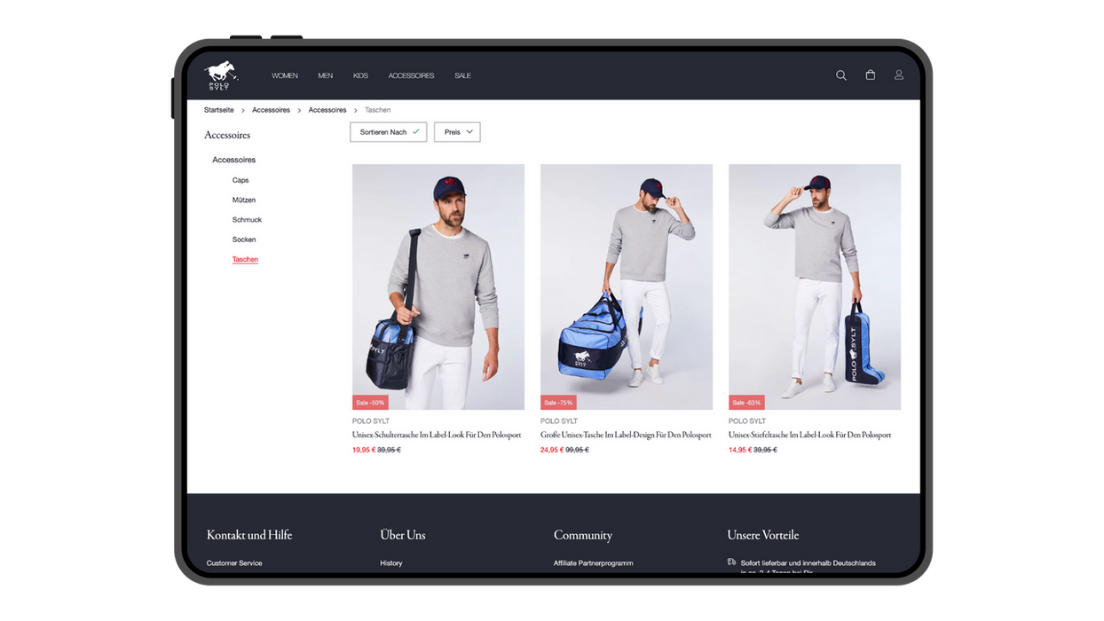 Produktübersichtseite im POLO SYLT Online-Shop auf einem Tabletbildschirm.