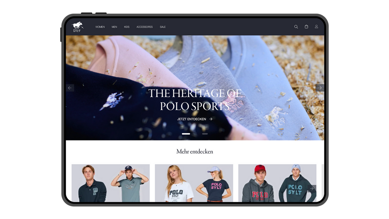 Startseite des POLO SYLT Online-Shops auf einem Tabletbildschirm.