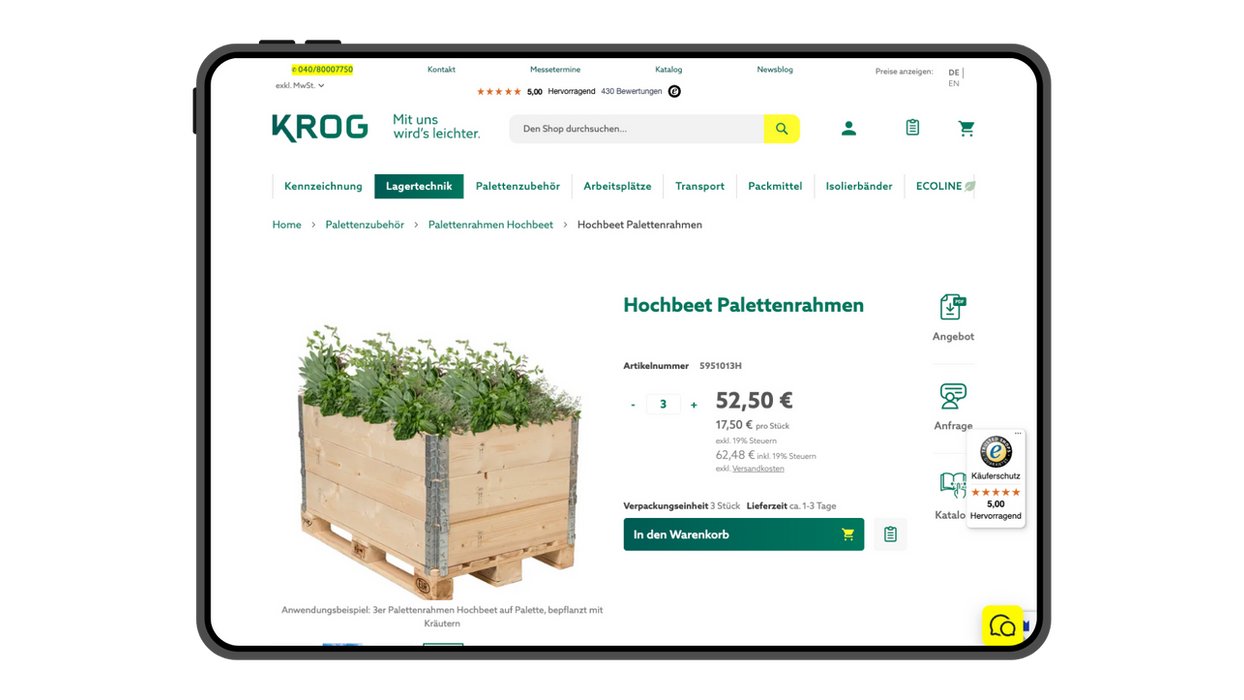 Produktseite auf der Krog Online-Shop Webseite auf einem Tabletbildschirm.