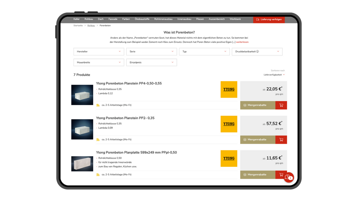 Produktübersicht der bausep Online-Shop Webseite auf einem Tabletbildschirm.